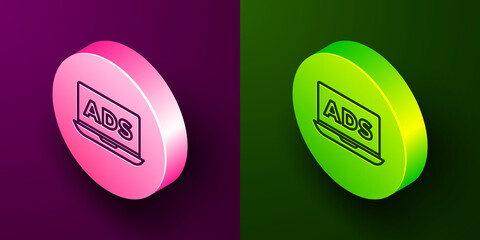 Isometric line Advertising icon isolated on purple and green background. Concept of marketing and promotion process. Responsive ads. Social media advertising. Circle button. Vector.