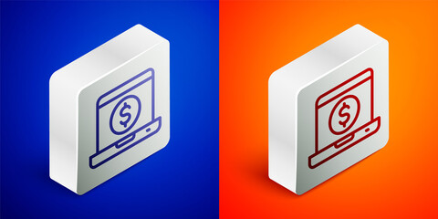 Isometric line Laptop with dollar icon isolated on blue and orange background. Sending money around the world, money transfer, online banking, financial transaction. Silver square button. Vector.