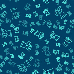 Green line Hourglass with dollar icon isolated seamless pattern on blue background. Money time. Sandglass and money. Growth, income, savings, investment. Vector.