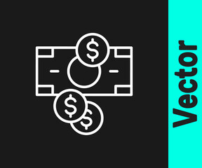 White line Stacks paper money cash and coin money with dollar symbol icon isolated on black background. Money banknotes stacks. Vector.