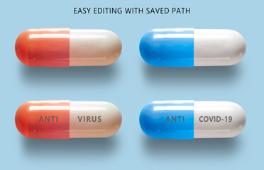3D illustration, pill capsules isolated, Pharmaceutical medicine pills, Anti covid-19, anti virus, Antiviral drugs, Close up, High resolution, Easy editing with saved path.
