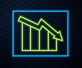 Glowing neon line Financial growth decrease icon isolated on brick wall background. Increasing revenue. Vector.