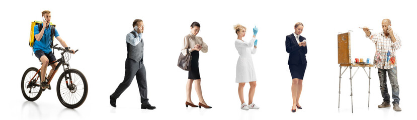 Obraz na płótnie Canvas Group of people with different professions isolated on white studio background, horizontal. Modern workers of diverse occupations, male and female models like deliveryman, cosmetologist, accountant
