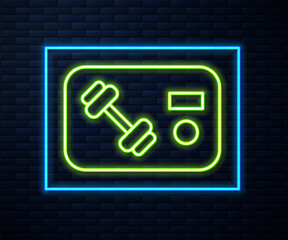 Glowing neon line Fitness club, gym card icon isolated on brick wall background. Vector.