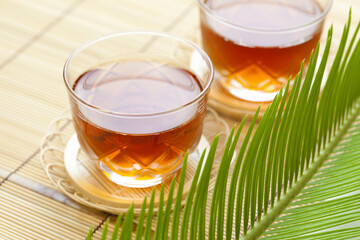 ガラス器の麦茶と蘇鉄の新芽