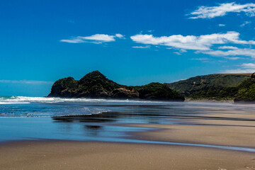 Fototapeta na wymiar Sandy beaches, cliffs and rolling water on Bethels Beach. Auckland, New Zealand