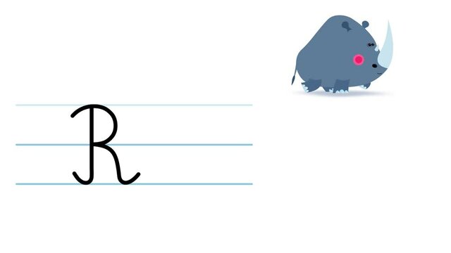 R letter writing like rhinoceros cartoon animation. Handwriting educational style for children. Good for education movies, presentation, learning alphabet, etc...