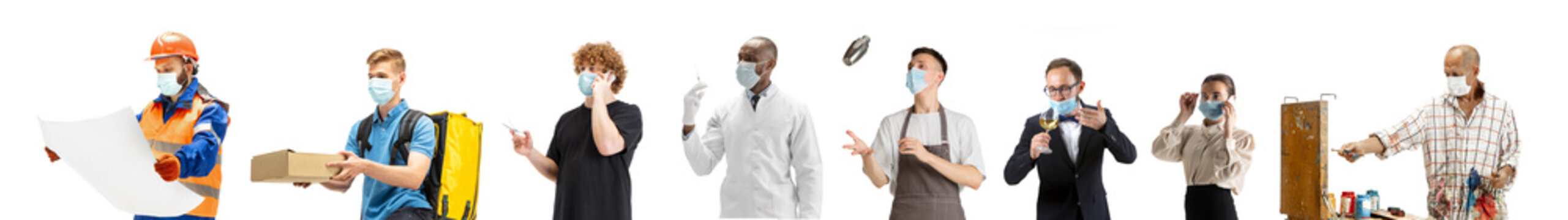 Group Of People With Different Professions Isolated On White Background, Horizontal. Modern Workers Of Diverse Occupations, Models Like Deliveryman, Builder, Accountant, Waiter, Barmen In Face Masks