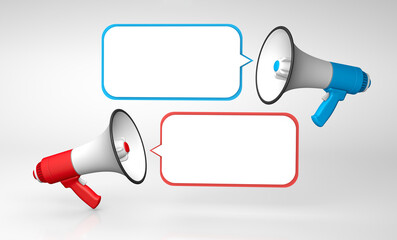 Increased dialogue. Red and Blue megaphone with bubbles. Template with copy space for text for design. 3d render