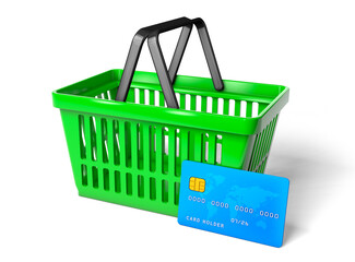 Green shopping basket and blue credit card isolated on white background. 3d render