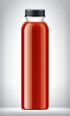 Plastic Bottle on background with Tomato Juice. 