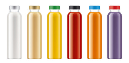 Set of Plastic Bottles with non-transparent drinks. 