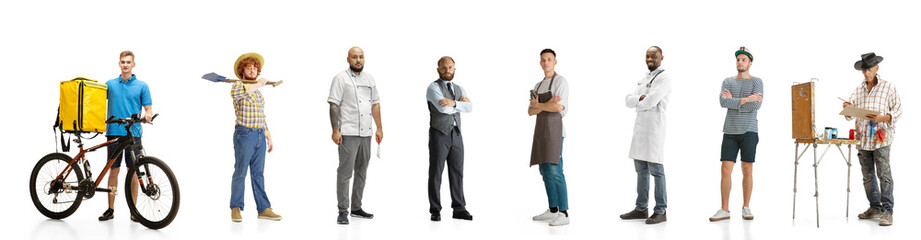 Obraz premium Group of people with different professions isolated on white studio background, horizontal. Modern workers of diverse occupations, male models like deliveryman, farmer, barman, butcher, sailor