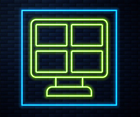 Glowing neon line Solar energy panel icon isolated on brick wall background. Vector.