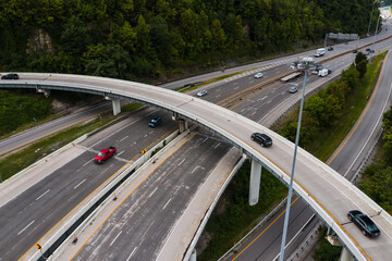 This is an aerial view of the three-level interchange between Interstate 64 and US Route 119 in...