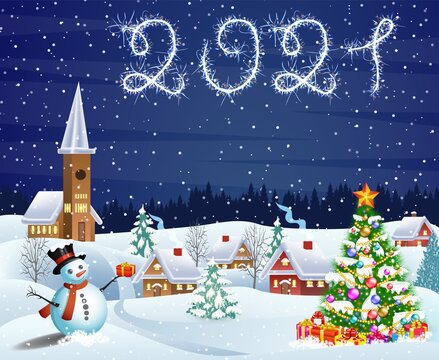 A house in a snowy Christmas landscape at night. christmas tree and snowman. 2021 with sparklers concept for greeting or postal card