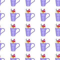 Seamless pattern with a cute deer in a hat in a pastel cup with snowflakes on a white background. Vintage prints in flat style for interior. Stock vector illustration for decor and design, fabric.
