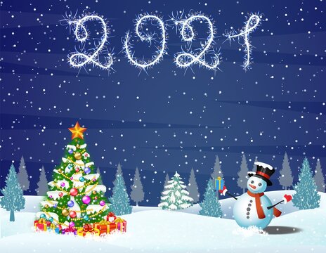 Christmas landscape at night. christmas tree and snowman. concept for greeting or postal card. 2021 with sparklers