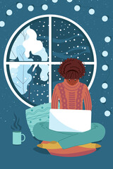 Banner Advertising Modern Coworking Space. Freelance African american girl Sit near the window and Typing on a Laptop. Winter background. Vector Illustration