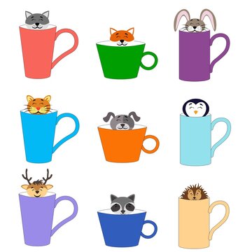 Seamless pattern with beautiful and cute animals in bright pastel cups on a white background. Vintage prints in flat style for interior. Stock vector illustration for decor and design, fabric.