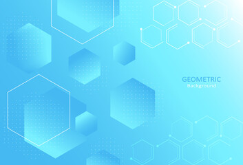 Obraz na płótnie Canvas Abstract geometric template with hexagon shapes on blue gradient background. Element design with lines and dots pattern. Copy space for text. Vector Illustration.