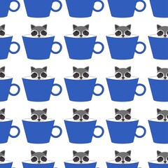Seamless pattern with cute smiling animal raccoons in pastel cups on a white background. Vintage prints in flat style for interior. Stock vector illustration for decor and design, fabric.