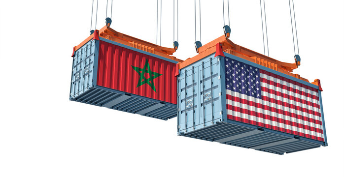 Freight containers with USA and Morocco national flags. 3D Rendering
