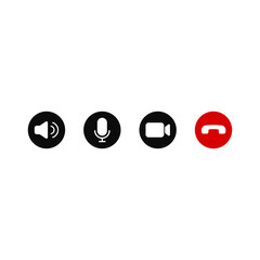 Video conference mobile-app icon set including sound-on, microphone, webcam & end button. Virtual-app icon set.