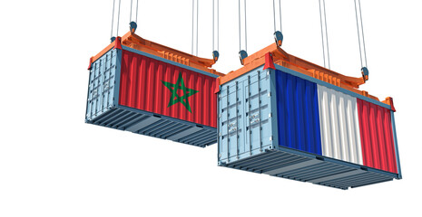 Freight containers with France and Morocco national flags. 3D Rendering