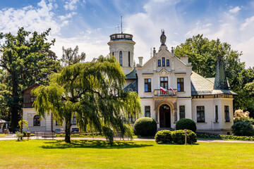 Panoramic view of historic manor house and museum of Henryk Sienkiewicz, polish novelist and journalist, Nobel Prize winner, in Oblegorek in Poland - obrazy, fototapety, plakaty