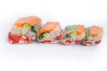 Freshly made rolls laid out on white background isolated