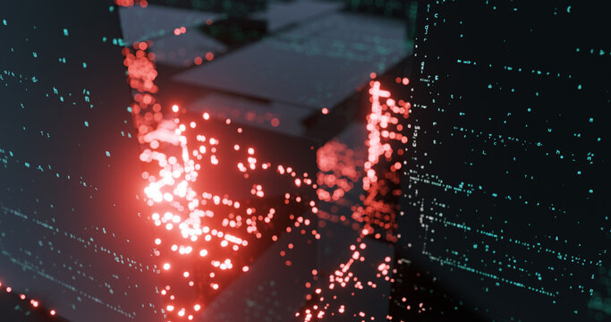 Abstract panel with Python code decoding data stream. matrix city with projected data on glass screen. Big data and programming graphic for programmers, software developers. 3D render, 4K loop	