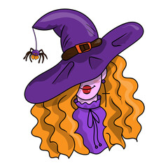 Smiling Witch in a purple hat with the spider vector illustration