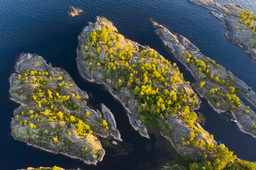 Aerial view of the Ladoga skerries. Islands in Ladoga lake in Republic of Karelia. Russia