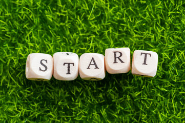 The word start on wooden blocks on green bright artificial grass. 