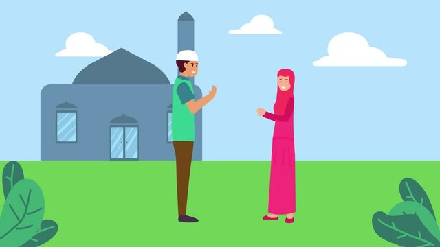 Muslim couple giving greet hands to forgiving
