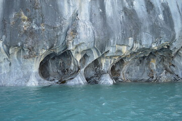 The mystical rock formations Catedrales de Marmol in General Carrera Lake in Patagonia between CHile and Argentina