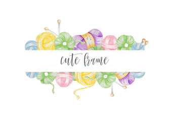 Fototapeta premium Cute frame with knitting threads. 