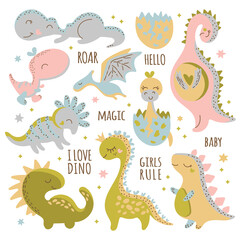 DINO CHARACTERS Hand Drawn Cartoon Vector Illustration Set