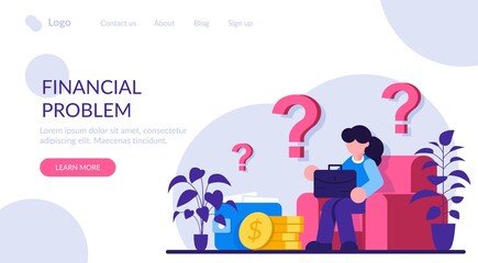 Sad woman concerned about financial problem. Money need and unpaid loan debts. Character, question mark, wallet with cash. Modern flat illustration.