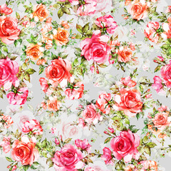 Seamless beautiful pattern of painted roses with foliage