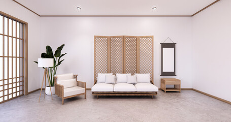 partition japanese on room tropical interior with tatami mat floor and white wall.3D rendering