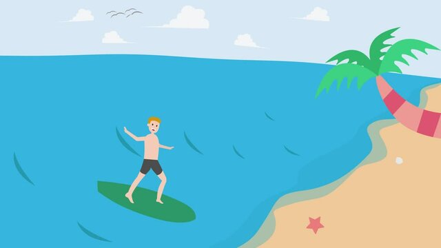 Young man animation surfing the ocean wave