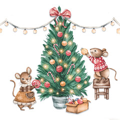 Watercolor mice decorate the tree. Christmas drawing, postcard.  Childrens christmas card
