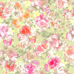 Seamless beautiful pattern of painted roses with foliage