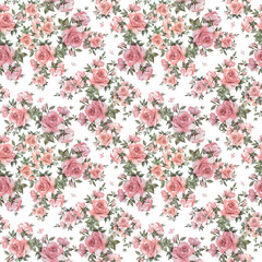 Seamless beautiful pattern of painted roses with foliage