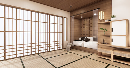 White Sofa japanese on room japan tropical desing and tatami mat floor.3D rendering