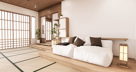 White Sofa japanese on room japan tropical desing and tatami mat floor.3D rendering