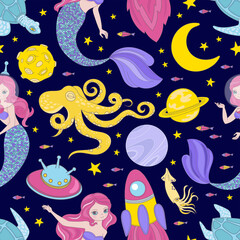 SPACE CLOTH Space Mermaid Princess Seamless Pattern Vector