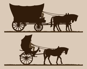 Silhouettes of the carriages. 
Silhouettes of horse-drawn carriages with riders. Two-wheeled and four-wheel carriage. Wild west wagon silhouette. Vector illustration. - obrazy, fototapety, plakaty